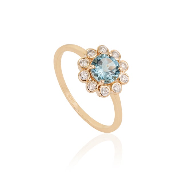 VR Jewels 14k Yellow Gold Aquamarine & Diamond Vintage Sunburst Halo Ring Size 4 For Sale - Image 4 of 18