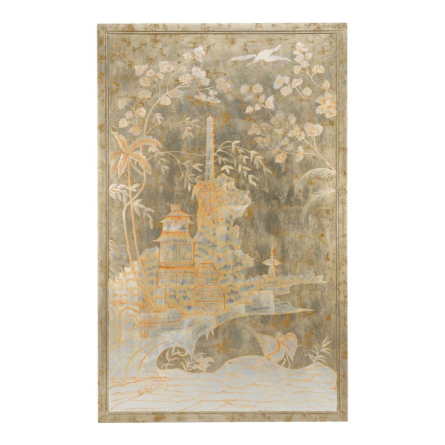 Hand Painted Silver Leaf Wood Panel With Gold Chinoiserie Design – Left Panel For Sale