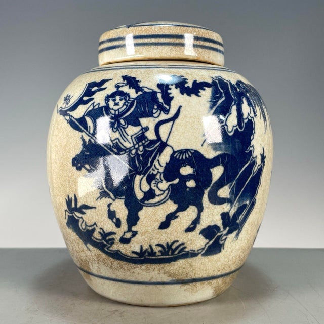 1960s Chinoiserie Blue‑and‑White Crackle‑Glaze Lidded Ginger Jar, Figure Story Motif Porcelain Storage Canister **** For Sale - Image 5 of 9