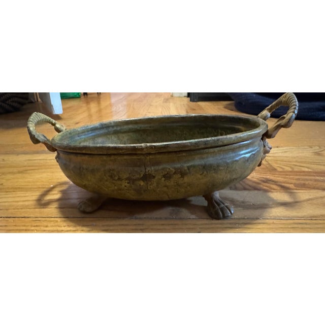 Mid Century Brass Oval Jardiniere Lion Head Ram Horn Handles Paw Feet Hammered Bowl For Sale In Minneapolis - Image 6 of 12
