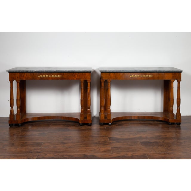 Pair of French 1860s Napoleon III Period Walnut Console Tables with Marble Tops For Sale In Atlanta - Image 6 of 12