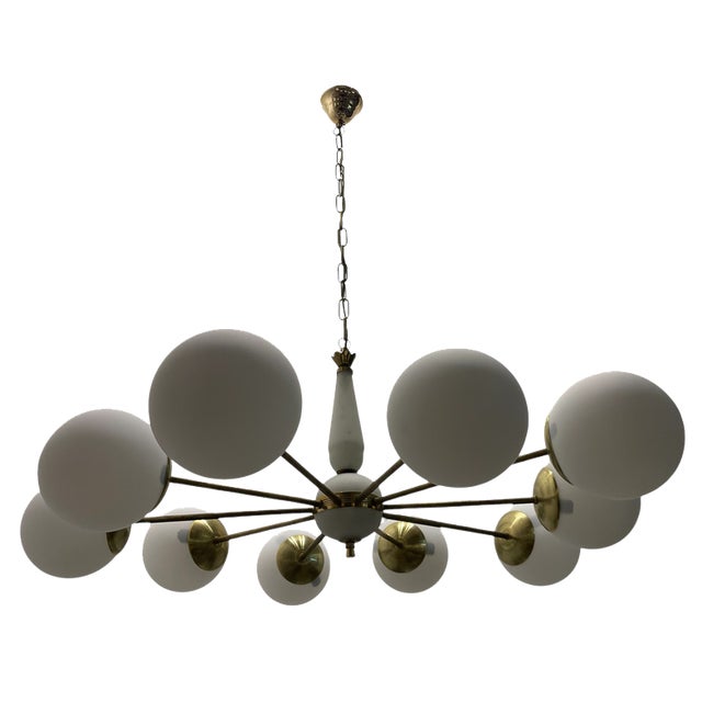 Sputnik 10-Light Chandelier in Opaline Glass and Brass, 1960s For Sale