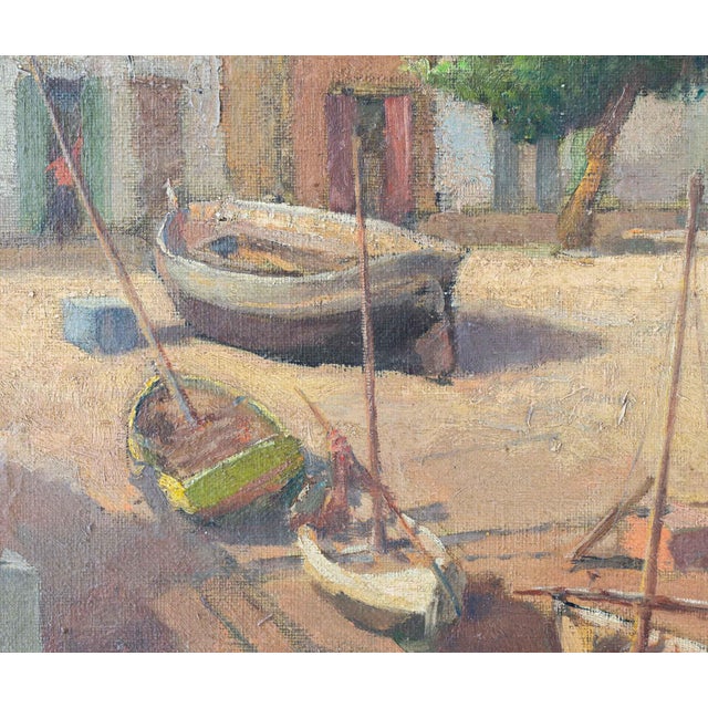 Spanish School, Mediterranean Fishing Village Harbor Coastal Landscape with Boats and Fishermen, 1910s, Oil on Canvas For Sale - Image 4 of 15