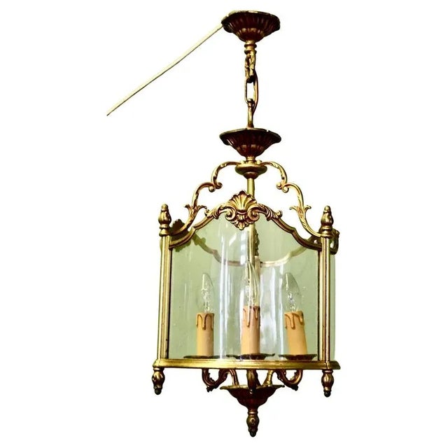 Gold Large French Rococo Style Brass and Glass Lantern Hall Light, 1920 For Sale - Image 8 of 8