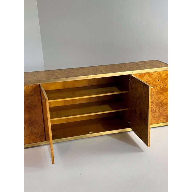 Brown Lacquered Burlwood and Brass Credenza, 1970s For Sale - Image 8 of 16