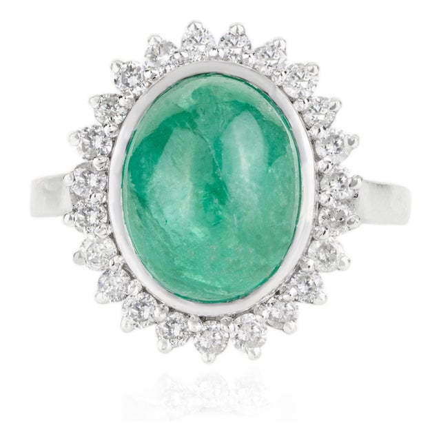 8.8 Carat Emerald & Diamond Halo Silver Engagement Ring, Size 7 For Sale