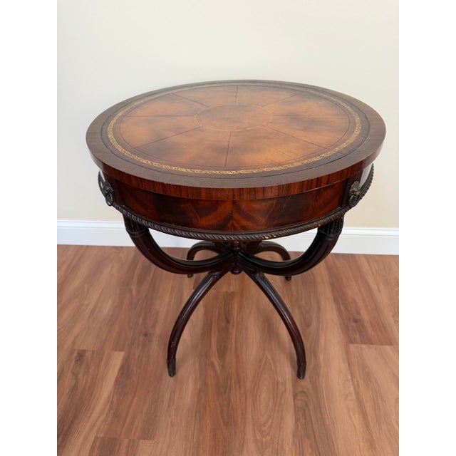 Wood Mid-Century Regency Mahogany Drum Table With Lion Head Pulls For Sale - Image 7 of 16