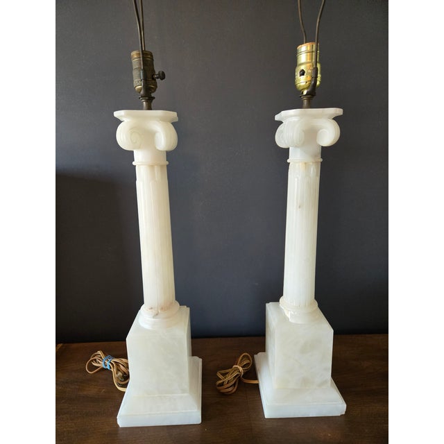 Mid 19th Century Hand Carved Italian Alabaster Neoclassical Column Table Lamps - a Pair For Sale - Image 4 of 18