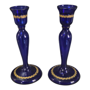 Vintage Italian Hand Blown Art Glass Cobalt Blue Gilded Pair of Candlesticks