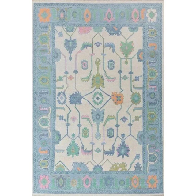Modern Handknotted Oushak Rug in Periwinkle with Pops of Orange, Pink & Green, 6' x 9' For Sale In San Antonio - Image 6 of 6