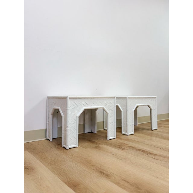 Vintage Side Tables White Painted Parquet Faux Bamboo Regency Pair Accent Tables For Sale - Image 10 of 10