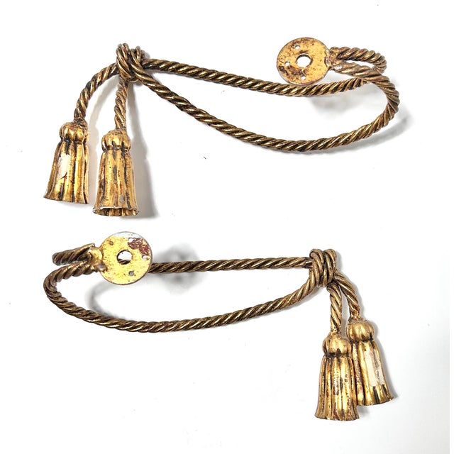 Metal Vintage Italian Gilt Metal Rope & Tassel Curtain Tiebacks, Pair For Sale - Image 7 of 8