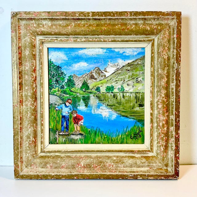 Rustic 1978 Vintage Impressionist Original Oil Painting of Boys Fishing by E. Sack. For Sale - Image 3 of 10