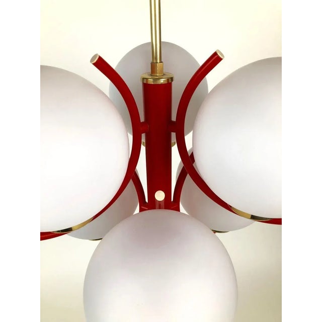 Metal Pendant Lamp in Coral Color with 6 Mat Opaline Globes, 1970s For Sale - Image 7 of 16