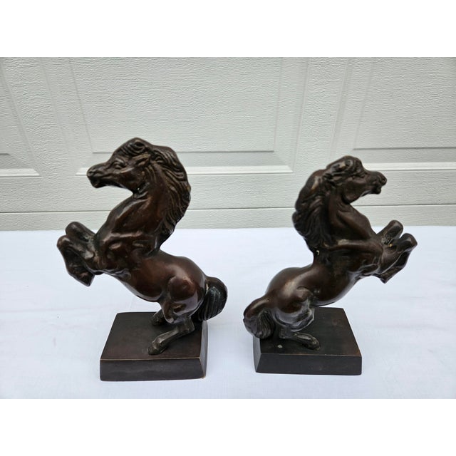 Art Deco Vintage Bronze Rearing Horse Sculptures or Bookends For Sale - Image 3 of 15