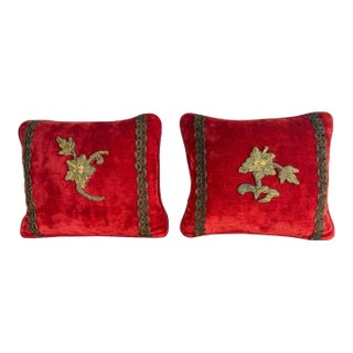 Pair of Petite Red Velvet Pillows With 19th-Century Metallic Appliqués For Sale