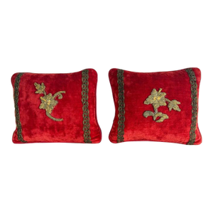 Pair of Petite Red Velvet Pillows With 19th-Century Metallic Appliqués