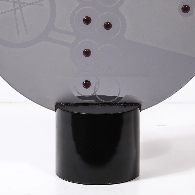 Mid-Century Abstract Smoked Glass Frosted Detailed Disc Sculpture Signed T Saul For Sale - Image 4 of 15