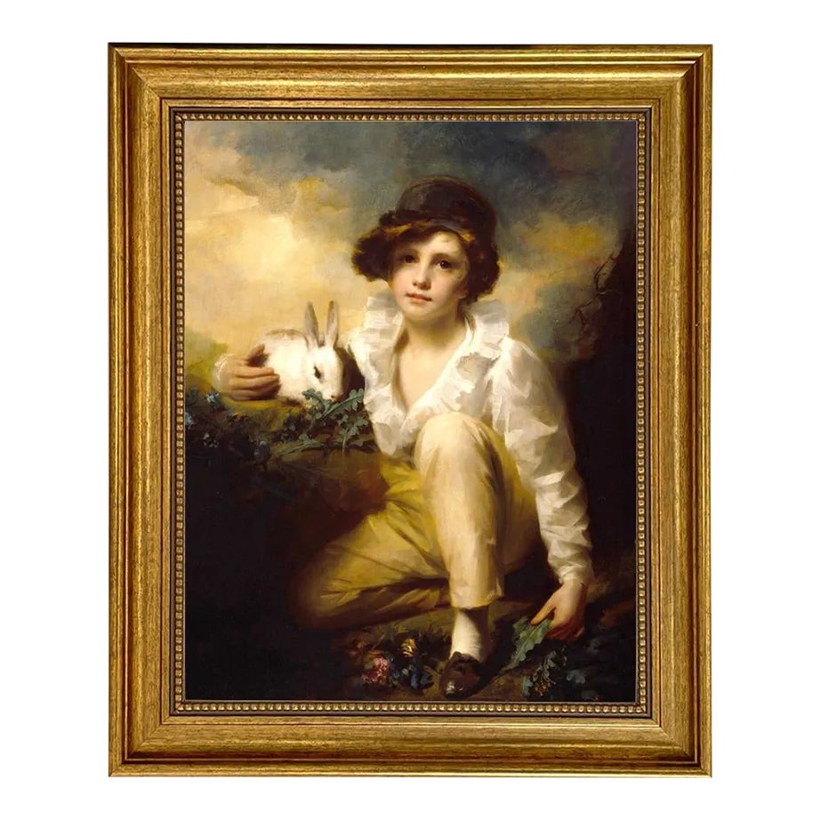 Boy and Rabbit by Raeburn Print on Canvas in Antiqued Gold Frame- 14-1/ ...