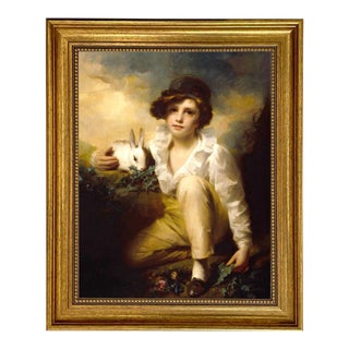 Boy and Rabbit by Raeburn Print on Canvas in Antiqued Gold Frame- 14-1/2" X 17-1/2" For Sale