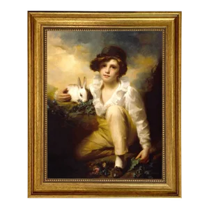 Boy and Rabbit by Raeburn Print on Canvas in Antiqued Gold Frame- 14-1/2" X 17-1/2"