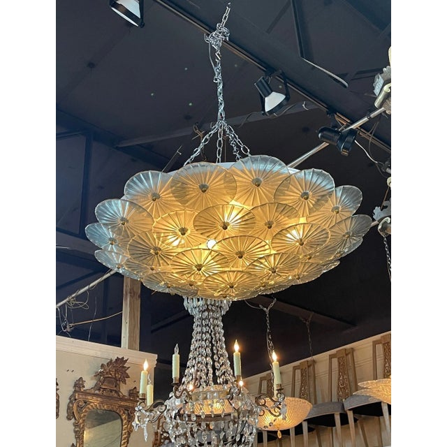 Modern Murano glass disc flush mount chandelier in Fontana Green. circa 2000. A fine addition to any home!