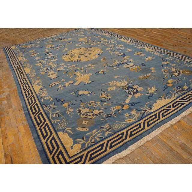 1920s Blue Antique Greek Key Rectangle Hand Knotted Pile Wool 9' X1 4' 4" Rug For Sale In New York - Image 6 of 7