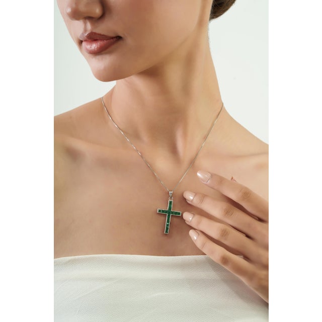 Emerald Contemporary 2.17 Ct Natural Emerald Channel Set Cross Pendant in Sterling Silver For Sale - Image 8 of 12