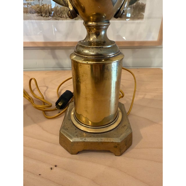 Neoclassical Pair of Vintage English Brass Trophy Form Winged Urn Lamps For Sale - Image 3 of 16
