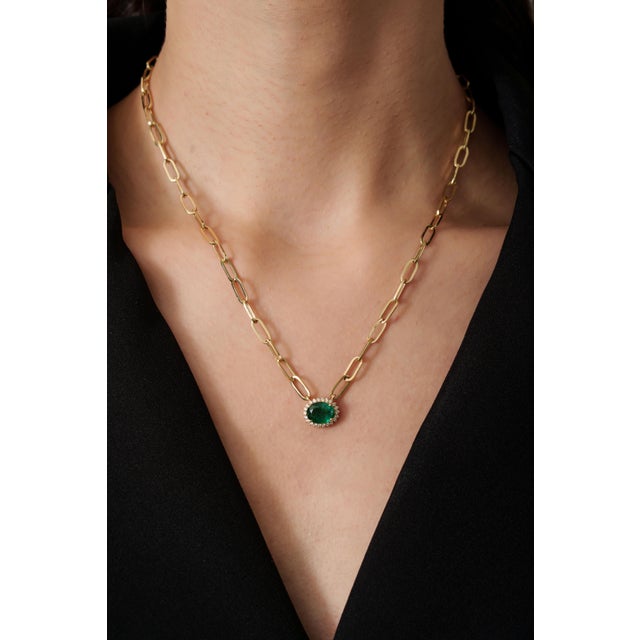 1.99ct Emerald Diamond Necklace With Modern Paperclip Chain in 14k Gold For Sale In New York - Image 6 of 15