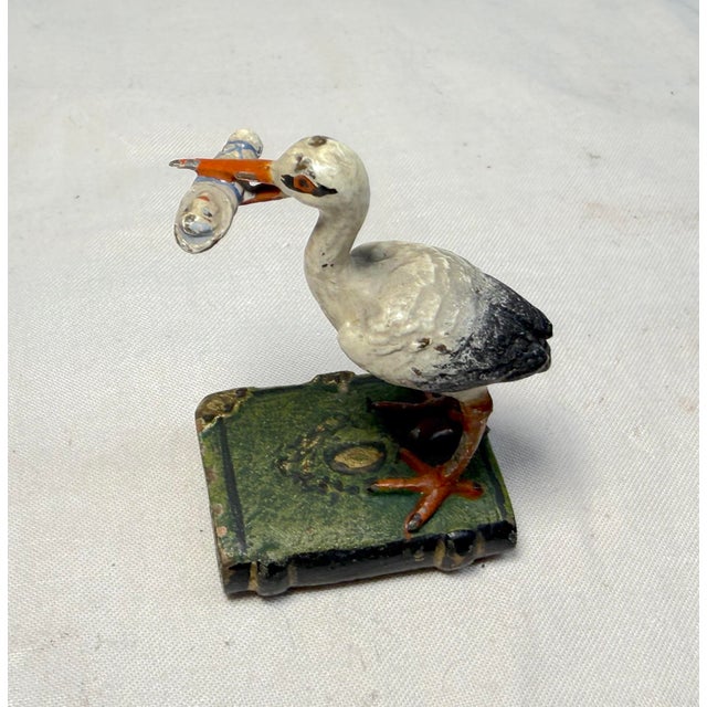 Antique 19th Century Cold Painted Austrian Vienna Bronze Stork Crane Baby Statue For Sale - Image 4 of 9