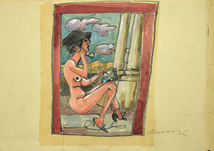 Mino Maccari, Nude The Phone, 1960s, Watercolor and Charcoal