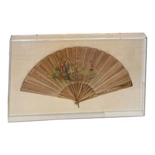 Antique 18th C Handpainted Rice Paper Scenic Fan in Lucite Hanging Case For Sale