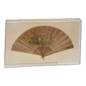 Antique 18th C Handpainted Rice Paper Scenic Fan in Lucite Hanging Case