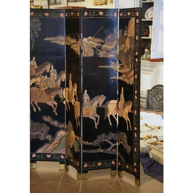 Early 20th Century Early 20th Century Chinese Lacquered Ebonized Six-Panel Decorative Screen For Sale - Image 5 of 13
