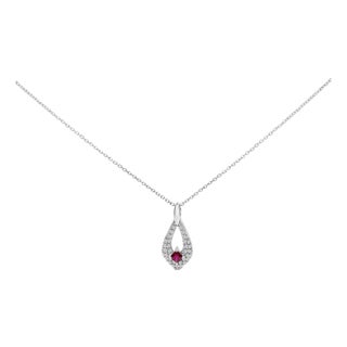 .925 Sterling Silver Created Red Ruby and White Sapphire Pear Shaped Pendant Necklace - 18" Inches For Sale