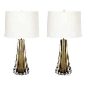 Modernist Hand-Blown Fluted Smoked Topaz Murano Glass & Brass Table Lamps