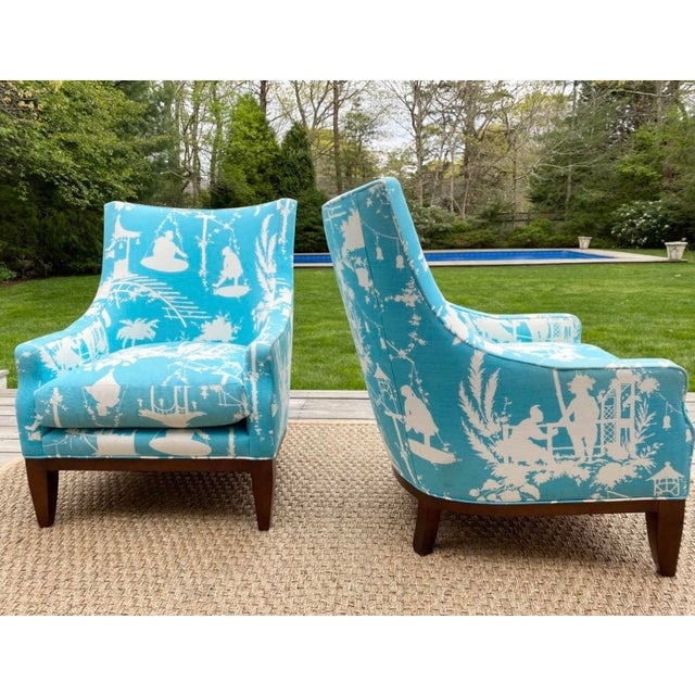 Custom Oversized Blue and White Wingback Chairs Upholstered in Thibaut, a Pair For Sale - Image 11 of 11
