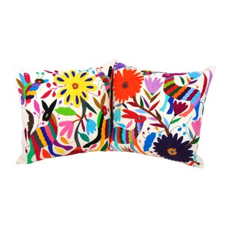 Pair of Embroidered Multicolored Pillow Covers Mexican 17x17 For Sale