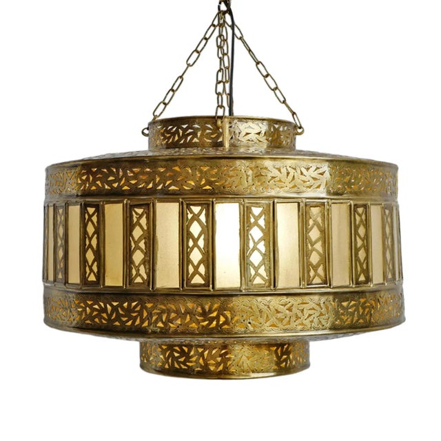 Vintage Brass & Frosted Glass Striped Pendant Light Small For Sale In Los Angeles - Image 6 of 6