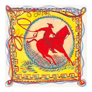 Red Horse Rodeo Square Original Whimsical Contemporary Figurative Watercolor by Pauline De Roussy De Sales For Sale