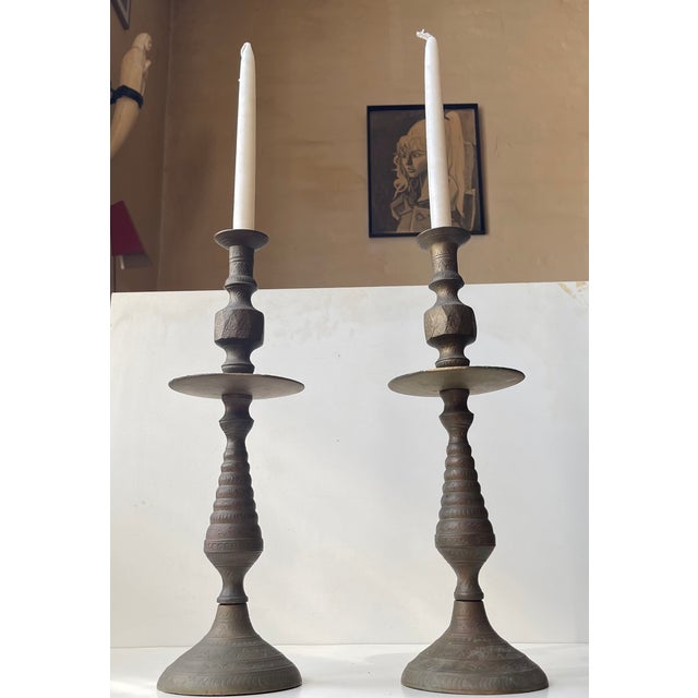 Vintage Moroccan Altar Candleholders in Engraved Brass, 1960s, Set of 2 For Sale - Image 4 of 10