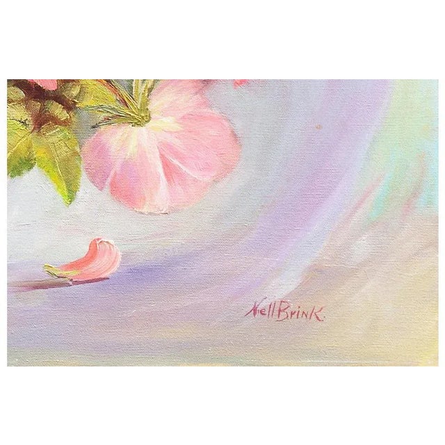 A substantial and period oil still life of coral and yellow roses shown informally arranged with asters and contrasted...