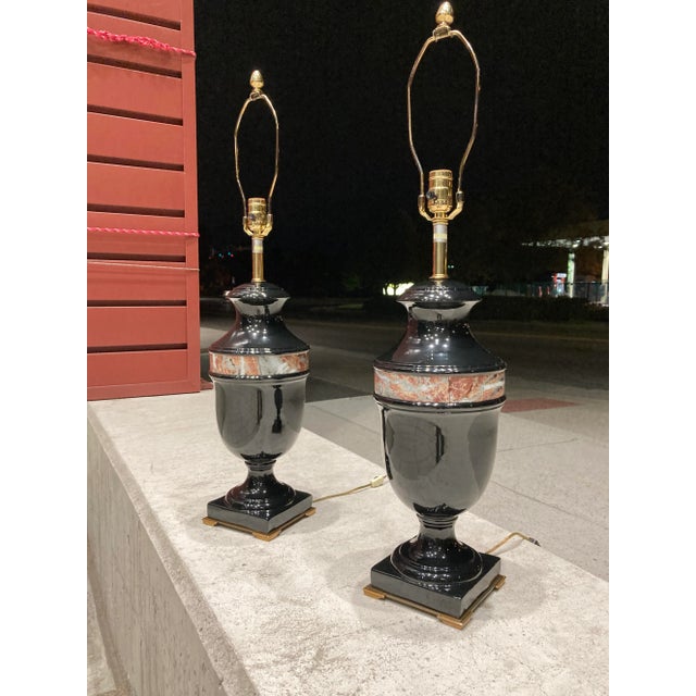 Mid 20th Century Pair of Black Glazed Porcelain & Bronze Urn Table Lamps From Marbro For Sale - Image 5 of 13