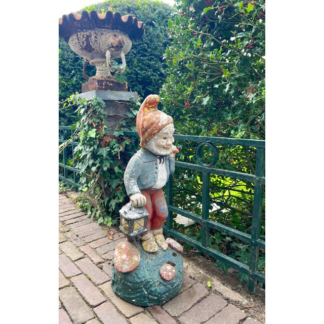 1950s Vintage Concrete Garden Gnome with Weathered Polychrome Paint, 1950s For Sale - Image 5 of 13
