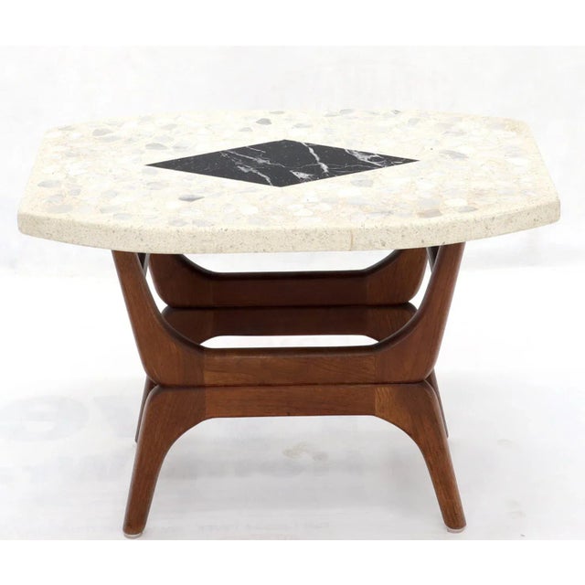 Mid 20th Century Pair of Inlaid Terrazzo Boat Shape Tops Walnut Bases End Side Tables For Sale - Image 9 of 13