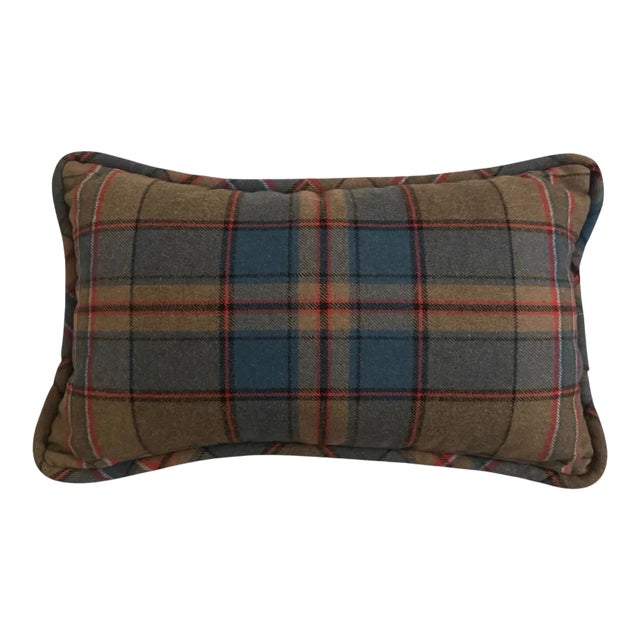 English Country House 100% Wool Rudy Plaid Lumbar / Accent Pillow, in Brown, Red & Blue by Eastern Accents For Sale