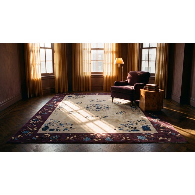1920s Ivory Floral Modern Antique Art Deco Chinese Rug 8'10"x 11'6 Hand Knotted Wool Carpet For Sale In New York - Image 6 of 7