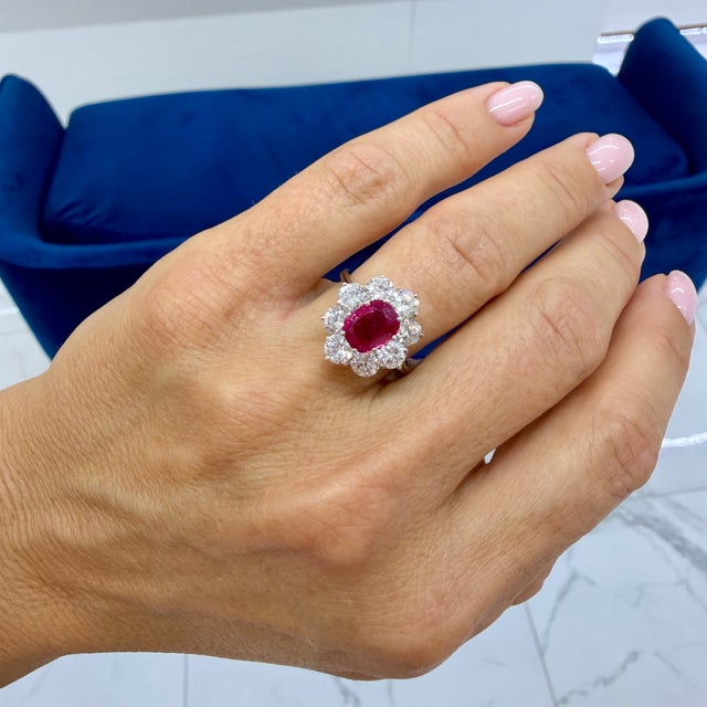 Silver Vintage 18k White Gold Gia 3.93ctw Burma Ruby Halo Diamond Floral Cocktail Ring, Size 6.5 For Sale - Image 8 of 8