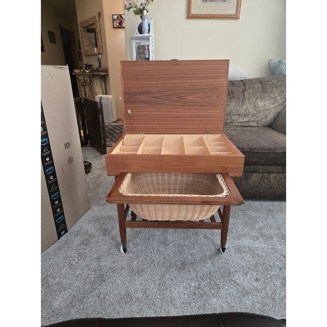This lovely piece was discovered at a Estate sale. A vintage Danish Mid-Century Modern sewing table. The stamp "Nordisk...